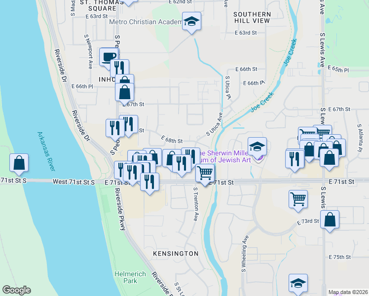 map of restaurants, bars, coffee shops, grocery stores, and more near 1523 East 68th Place in Tulsa
