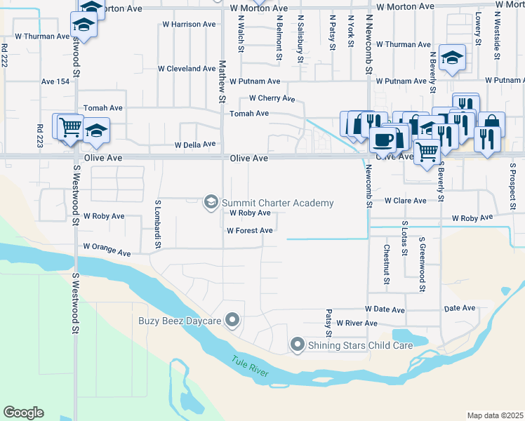 map of restaurants, bars, coffee shops, grocery stores, and more near 1903 West Roby Avenue in Porterville