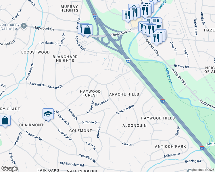 map of restaurants, bars, coffee shops, grocery stores, and more near 4554 Packard Drive in Nashville