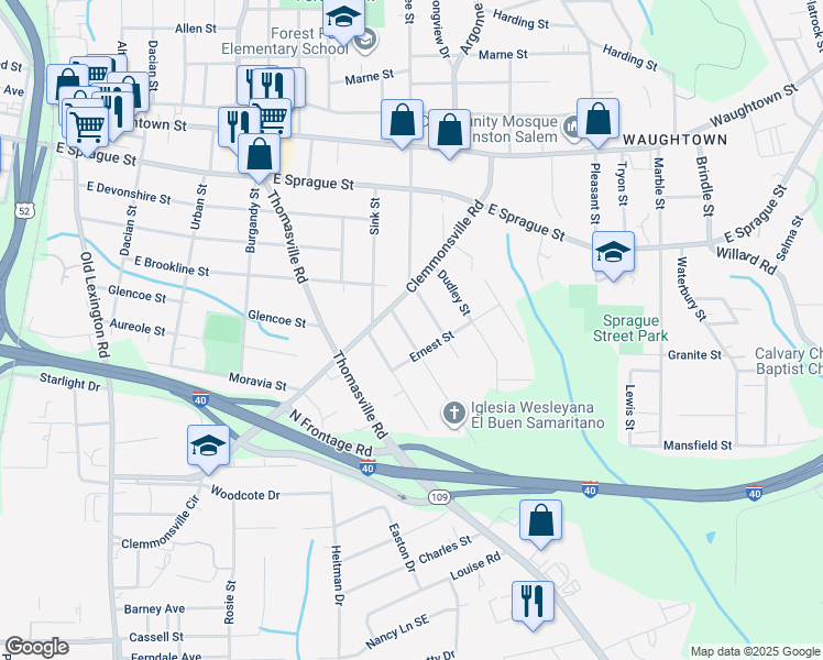 map of restaurants, bars, coffee shops, grocery stores, and more near 2623 Ludwig Street in Winston-Salem