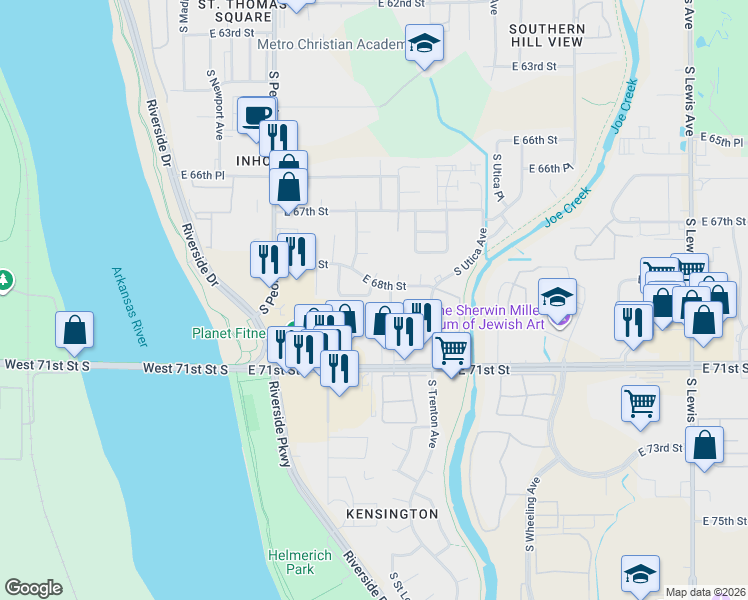 map of restaurants, bars, coffee shops, grocery stores, and more near 6815 South Rockford Place in Tulsa