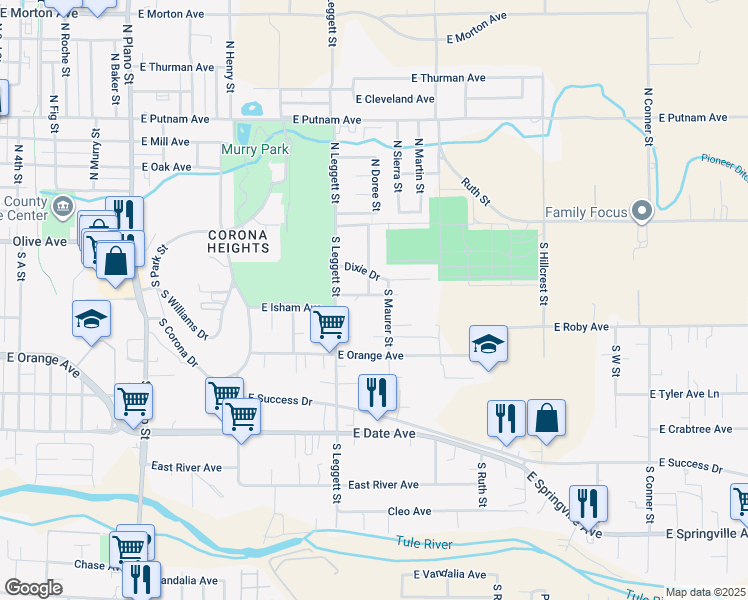 map of restaurants, bars, coffee shops, grocery stores, and more near 871 East Isham Avenue in Porterville