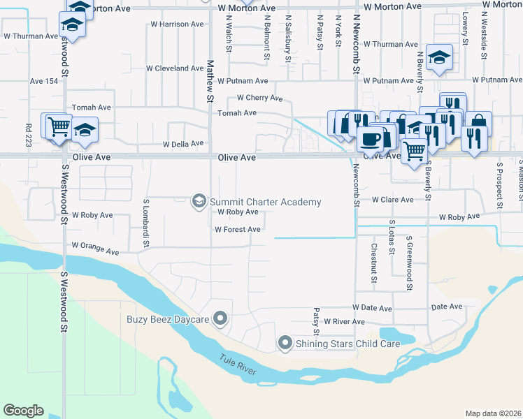 map of restaurants, bars, coffee shops, grocery stores, and more near 1903 West Roby Avenue in Porterville