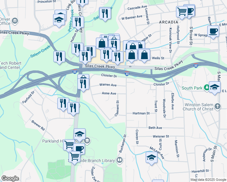 map of restaurants, bars, coffee shops, grocery stores, and more near 919 Anne Avenue in Winston Salem