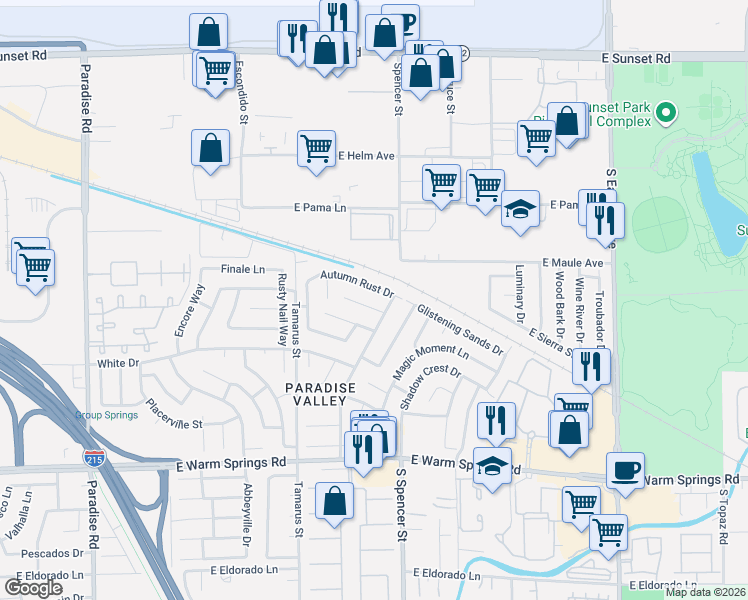 map of restaurants, bars, coffee shops, grocery stores, and more near 1701 Garden Path Court in Las Vegas
