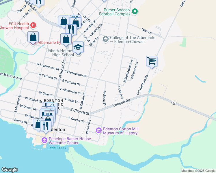 map of restaurants, bars, coffee shops, grocery stores, and more near 124 Jackson Street in Edenton
