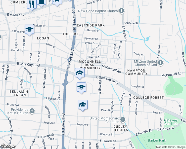 map of restaurants, bars, coffee shops, grocery stores, and more near in Greensboro
