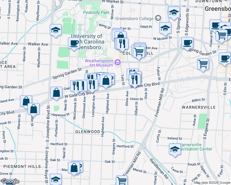 map of restaurants, bars, coffee shops, grocery stores, and more near 915 West Lee Street in Greensboro