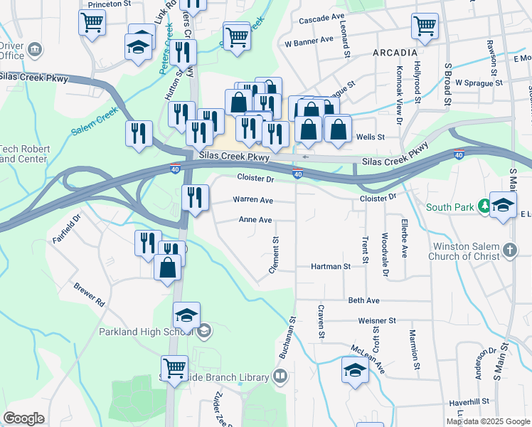 map of restaurants, bars, coffee shops, grocery stores, and more near 919 Anne Avenue in Winston Salem