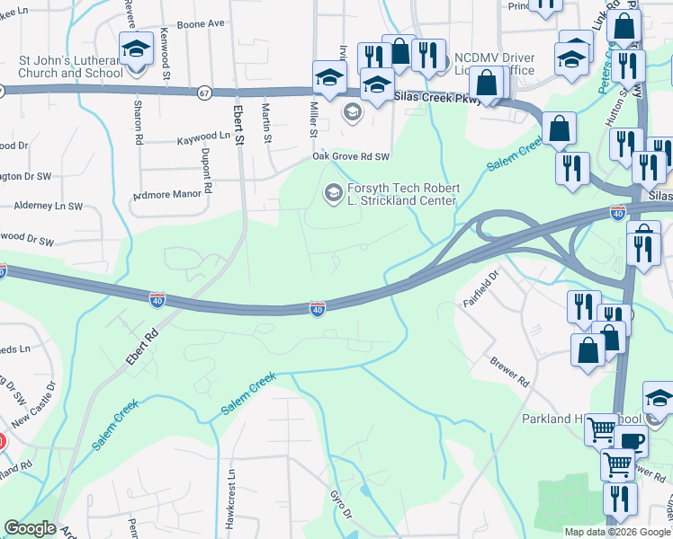 map of restaurants, bars, coffee shops, grocery stores, and more near 120 Weatherwood Court in Winston-Salem