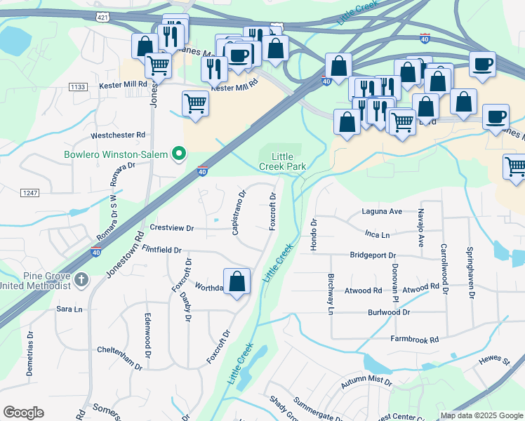 map of restaurants, bars, coffee shops, grocery stores, and more near 106 Lillian Court in Winston-Salem