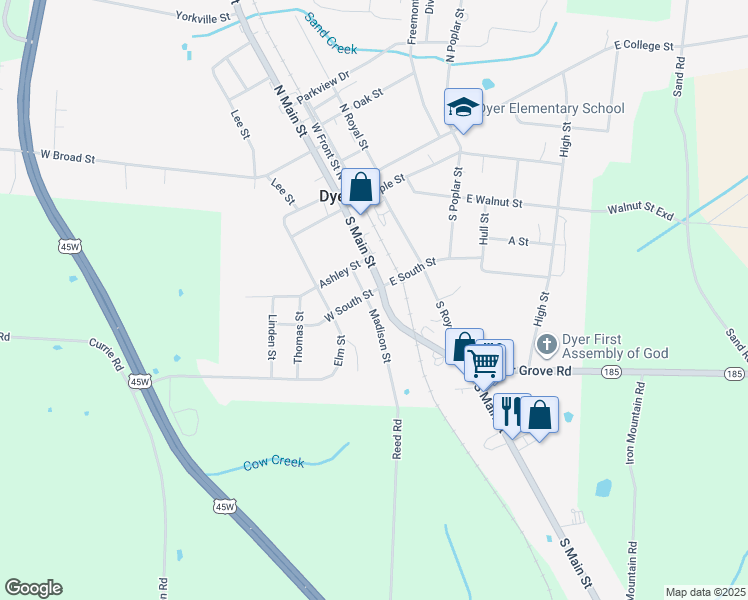 map of restaurants, bars, coffee shops, grocery stores, and more near 404 South Main Street in Dyer