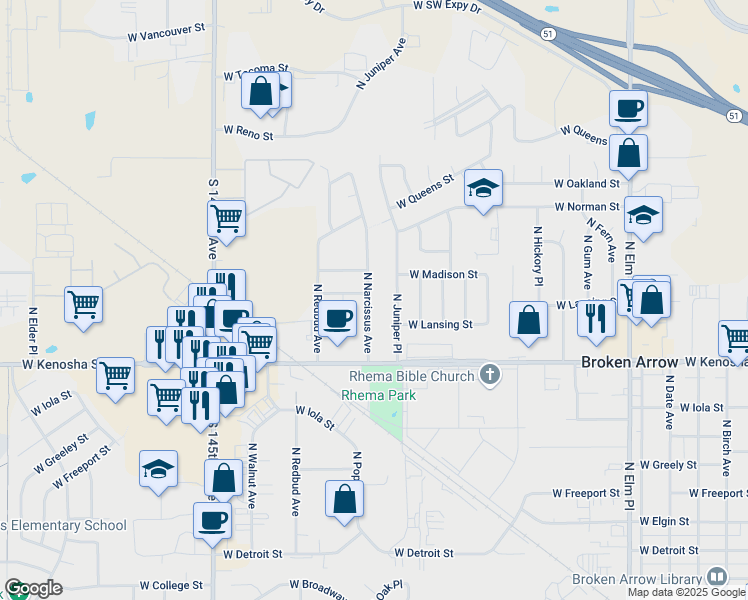 map of restaurants, bars, coffee shops, grocery stores, and more near 1112 North Juniper Place in Broken Arrow