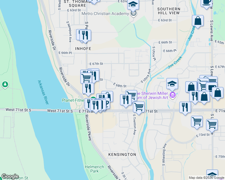 map of restaurants, bars, coffee shops, grocery stores, and more near 6815 South Rockford Place in Tulsa