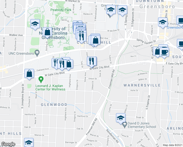 map of restaurants, bars, coffee shops, grocery stores, and more near 710 Dillard Street in Greensboro