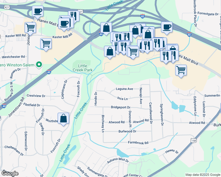 map of restaurants, bars, coffee shops, grocery stores, and more near 2865 Laguna Avenue in Winston-Salem