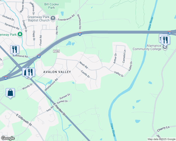 map of restaurants, bars, coffee shops, grocery stores, and more near 1115 Noah Road in Graham
