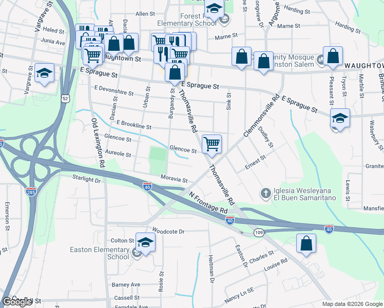 map of restaurants, bars, coffee shops, grocery stores, and more near 944 Glencoe Street in Winston-Salem