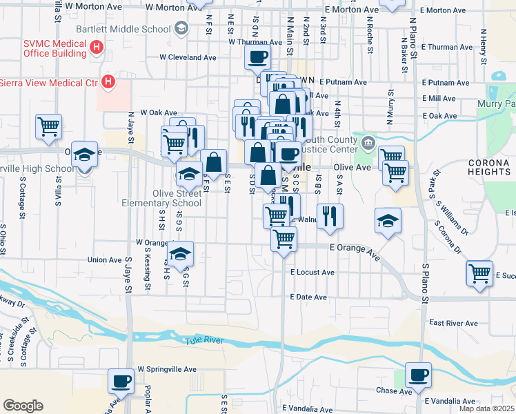 map of restaurants, bars, coffee shops, grocery stores, and more near 135 South Hockett Street in Porterville