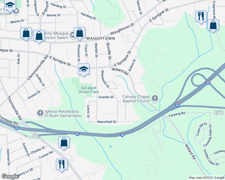 map of restaurants, bars, coffee shops, grocery stores, and more near 2419 Waterbury Street in Winston-Salem