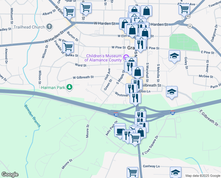 map of restaurants, bars, coffee shops, grocery stores, and more near 417 South Maple Street in Graham
