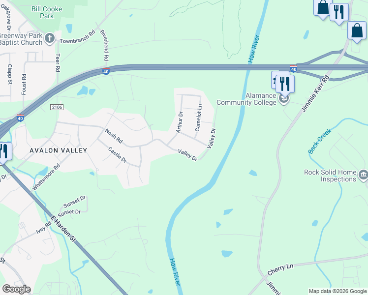 map of restaurants, bars, coffee shops, grocery stores, and more near 1181 Valley Drive in Graham