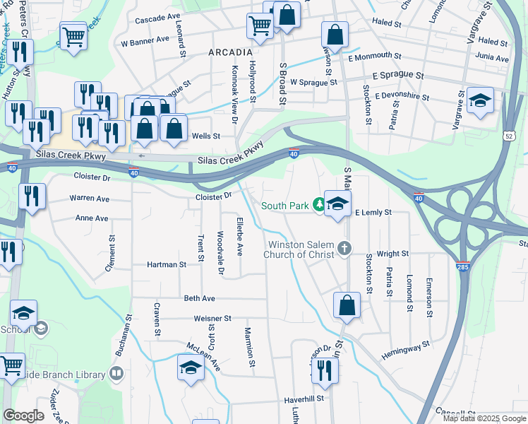 map of restaurants, bars, coffee shops, grocery stores, and more near 326 Lemly Street Southwest in Winston-Salem