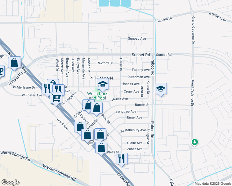 map of restaurants, bars, coffee shops, grocery stores, and more near 1635 Justin Circle in Henderson