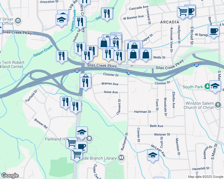 map of restaurants, bars, coffee shops, grocery stores, and more near 929 Anne Avenue in Winston-Salem