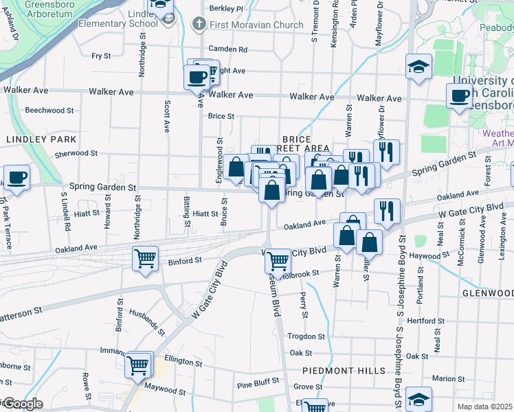 map of restaurants, bars, coffee shops, grocery stores, and more near in Greensboro