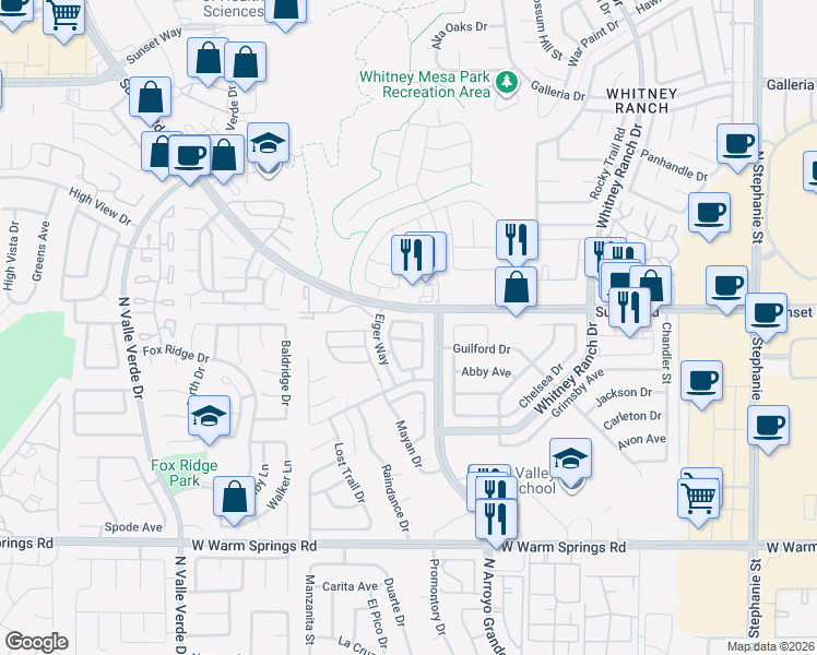 map of restaurants, bars, coffee shops, grocery stores, and more near 1661 Cloister Avenue in Henderson