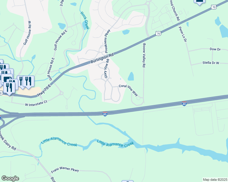 map of restaurants, bars, coffee shops, grocery stores, and more near 1135 Glory Vine Road in Whitsett