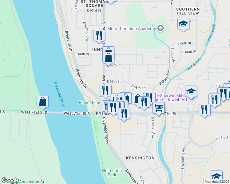 map of restaurants, bars, coffee shops, grocery stores, and more near 6832 South Quaker Avenue in Tulsa