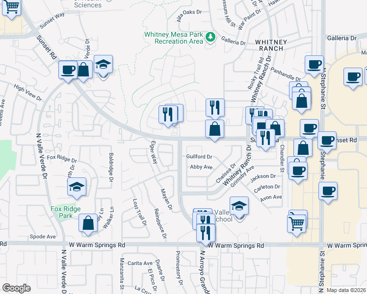 map of restaurants, bars, coffee shops, grocery stores, and more near 535 Sheffield Drive in Henderson