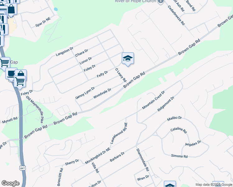 map of restaurants, bars, coffee shops, grocery stores, and more near Brown Gap Road in Knoxville