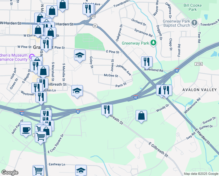 map of restaurants, bars, coffee shops, grocery stores, and more near 519 Paris Street in Graham