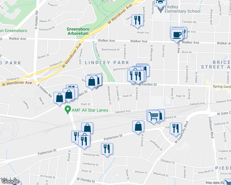 map of restaurants, bars, coffee shops, grocery stores, and more near 916 South Lindell Road in Greensboro