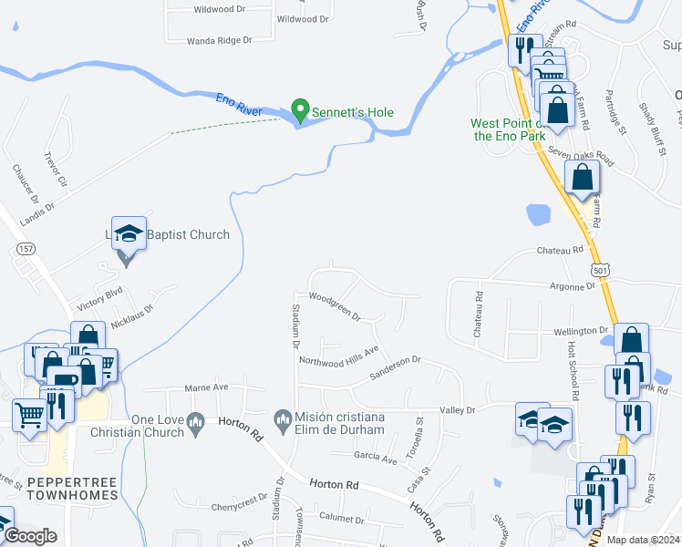 map of restaurants, bars, coffee shops, grocery stores, and more near 911 Woodside Park Lane in Durham