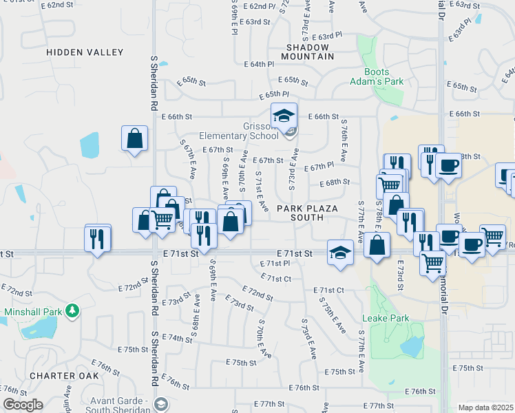 map of restaurants, bars, coffee shops, grocery stores, and more near 6768 S 71st E Ave in Tulsa