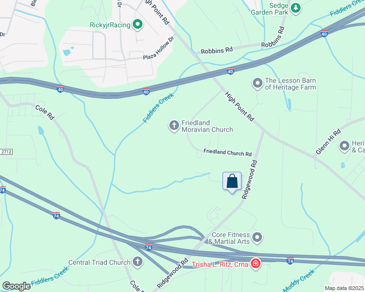 map of restaurants, bars, coffee shops, grocery stores, and more near 2770 Friedland Church Road in Winston-Salem