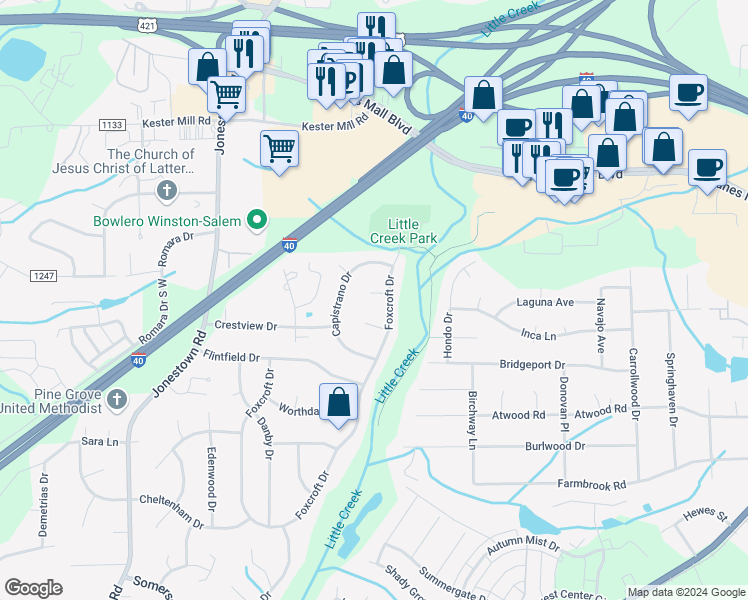 map of restaurants, bars, coffee shops, grocery stores, and more near 106 Lillian Court in Winston-Salem