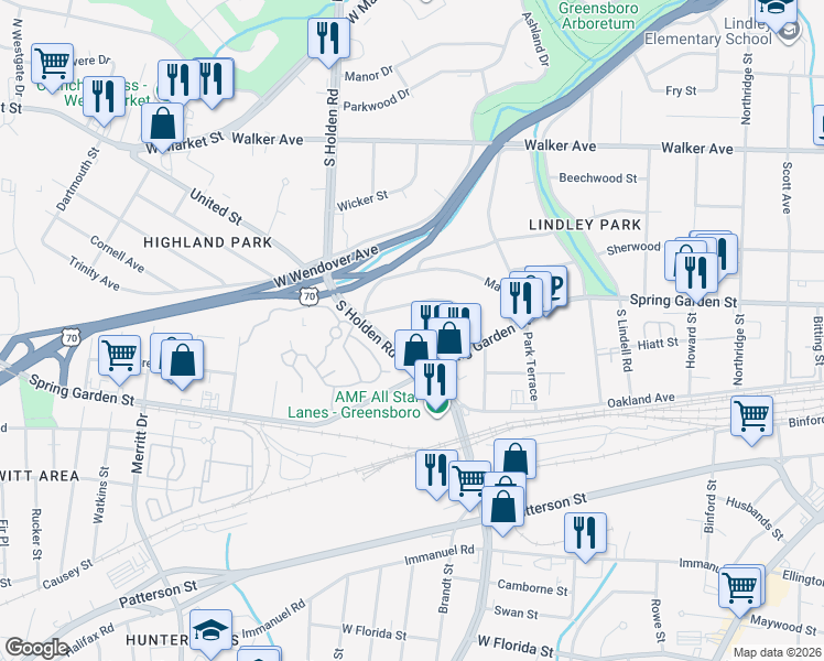 map of restaurants, bars, coffee shops, grocery stores, and more near 3114 Peebles Drive in Greensboro