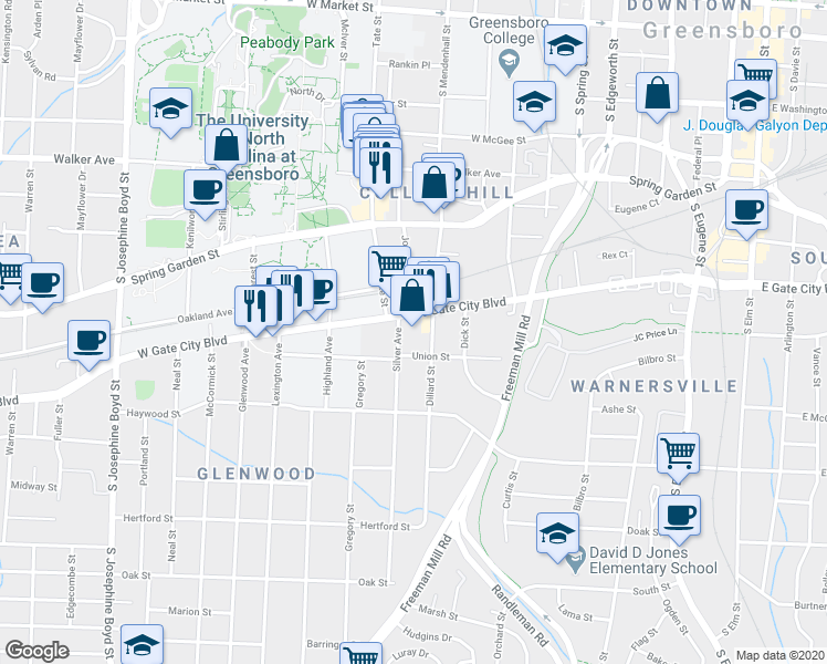 map of restaurants, bars, coffee shops, grocery stores, and more near 819 West Gate City Boulevard in Greensboro