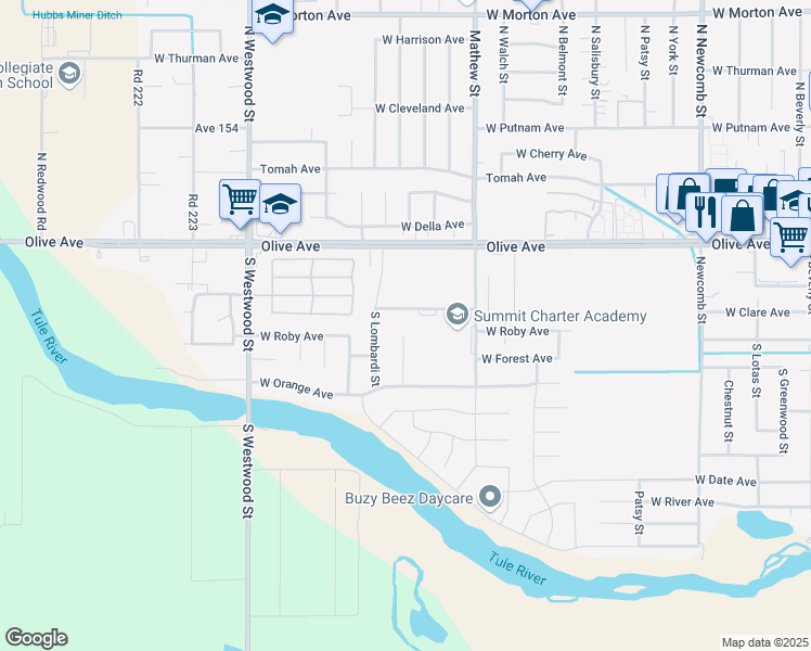 map of restaurants, bars, coffee shops, grocery stores, and more near 206 South Argyle Place in Porterville