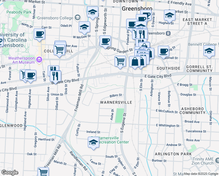 map of restaurants, bars, coffee shops, grocery stores, and more near 100 Grovecrest Way in Greensboro