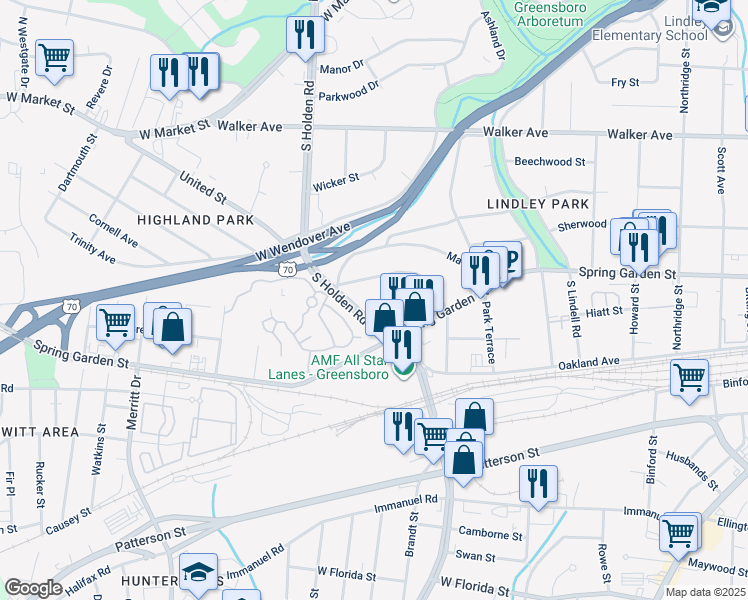 map of restaurants, bars, coffee shops, grocery stores, and more near 3114 Peebles Drive in Greensboro