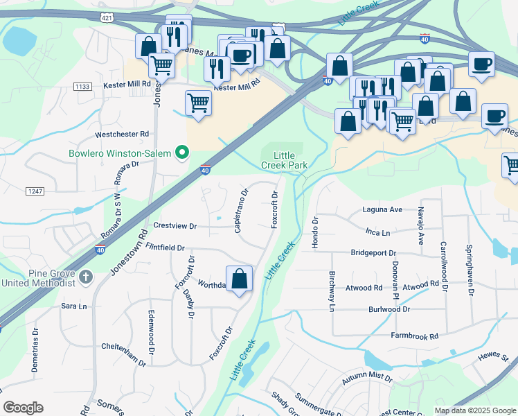 map of restaurants, bars, coffee shops, grocery stores, and more near 110 Lillian Court in Winston-Salem