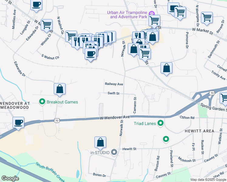 map of restaurants, bars, coffee shops, grocery stores, and more near 4500 Swift St in Greensboro