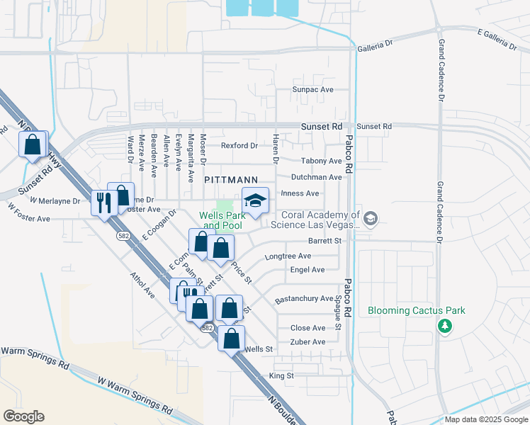 map of restaurants, bars, coffee shops, grocery stores, and more near 1635 Justin Circle in Henderson