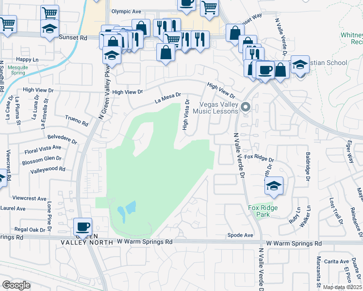 map of restaurants, bars, coffee shops, grocery stores, and more near 2440 High Vista Circle in Henderson